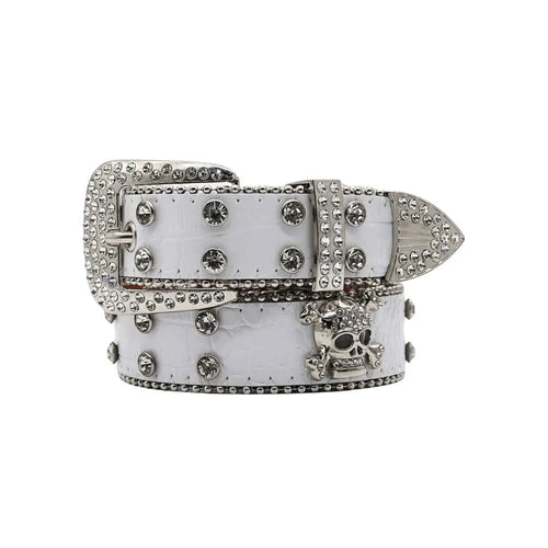 Mandotos Glitzy Skull Fashion Belt featuring shiny skull buckle and sleek black strap, stylish accessory for edgy outfits.