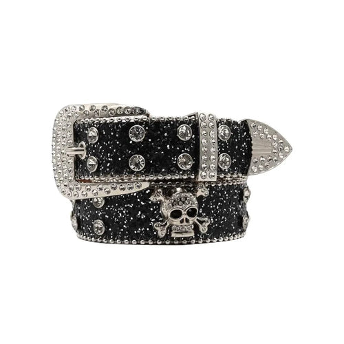 Mandotos Glitzy Skull Fashion Belt featuring sparkling skull design and stylish black strap for a bold accessory look.