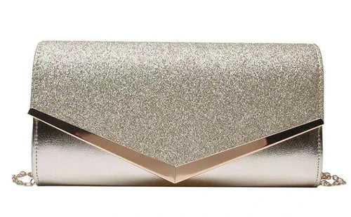 Mandotos Glitzy Striped Sequin Satchel showing shiny sequins and striped pattern on stylish handbag.
