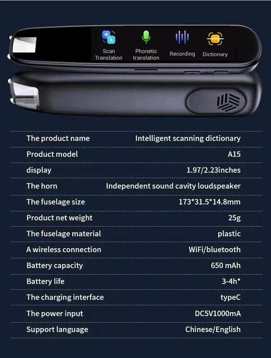 Mandotos Global Language Translator Pen with digital display and multilingual translation capabilities.