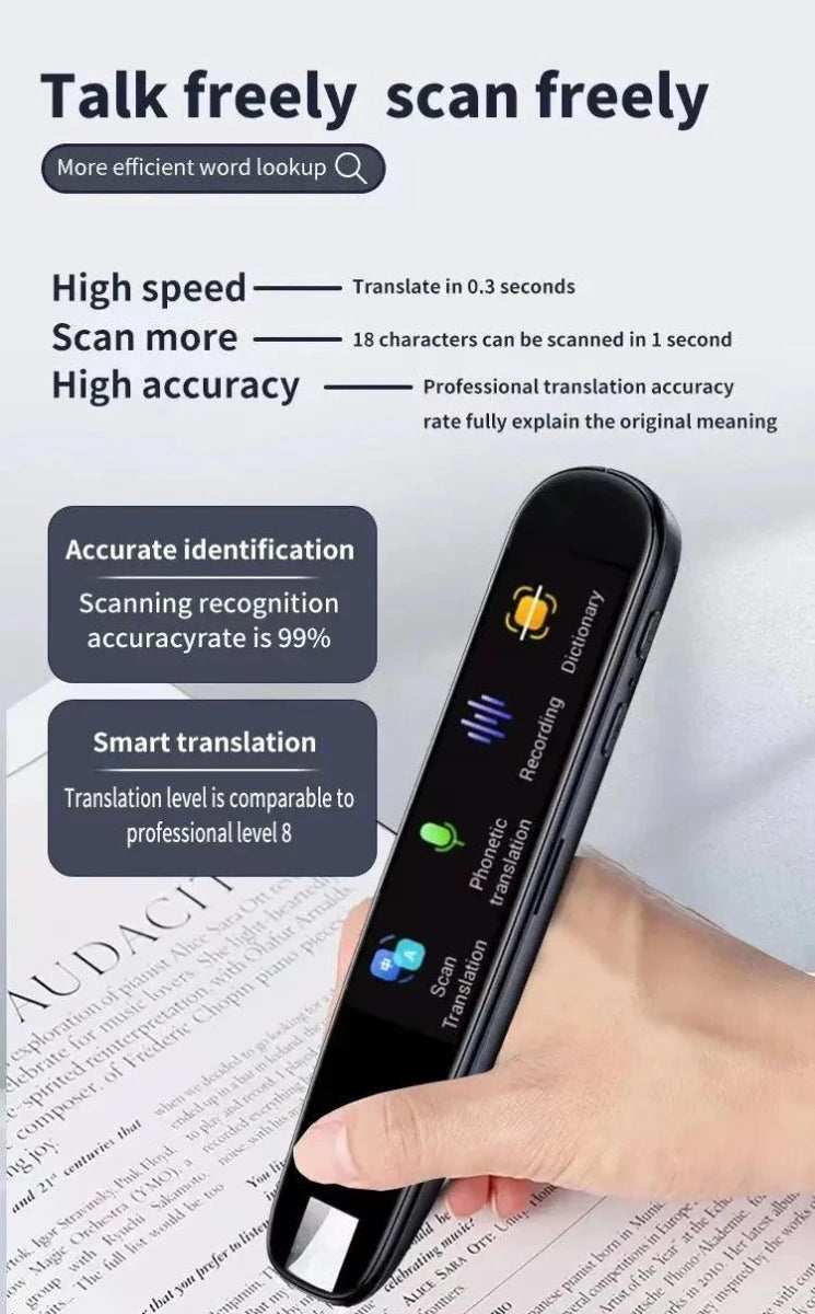 MANDOTOS Global Language Translator Pen showing translation interface and multilingual display on its screen.