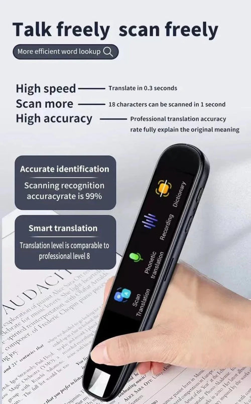 MANDOTOS Global Language Translator Pen showing translation interface and multilingual display on its screen.