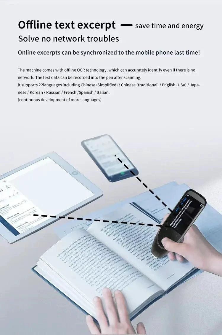 Mandotos Global Language Translator Pen showing translation interface and language options on its digital screen.