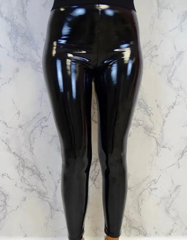 Glossy latex leather leggings by MANDOTOS featuring a shiny finish and fitted design, perfect for bold fashion statements.