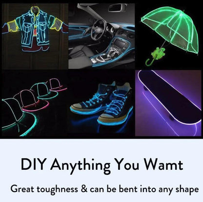 Mandotos glowing EL wire neon tube strings for decor with controller, illuminated colorful flexible lighting for parties and events.