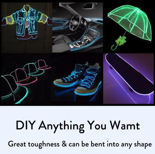 Mandotos glowing EL wire neon tube strings for decor with controller, illuminated colorful flexible lighting for parties and events.