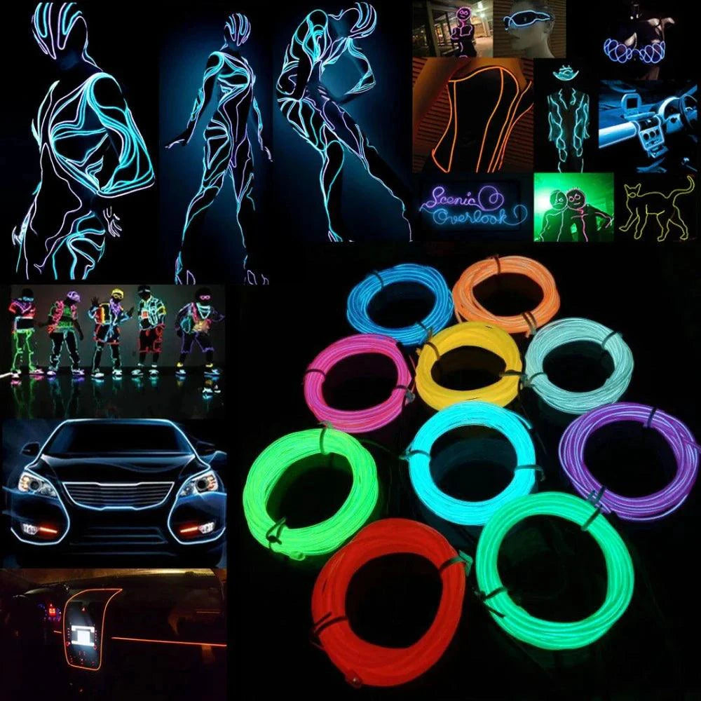 Mandotos glowing EL wire neon tube strings for decor with controller, flexible, vibrant LED neon lighting for parties and events.