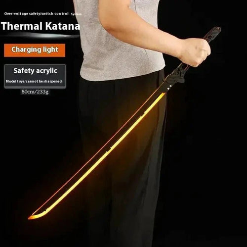 Mandotos glowing samurai play sword with LED light, plastic toy weapon for kids, featuring a sleek black and red design.