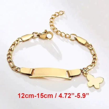 Gold butterfly charm bracelet for kids by MANDOTOS, featuring delicate butterfly charms and adjustable chain for young wrists.