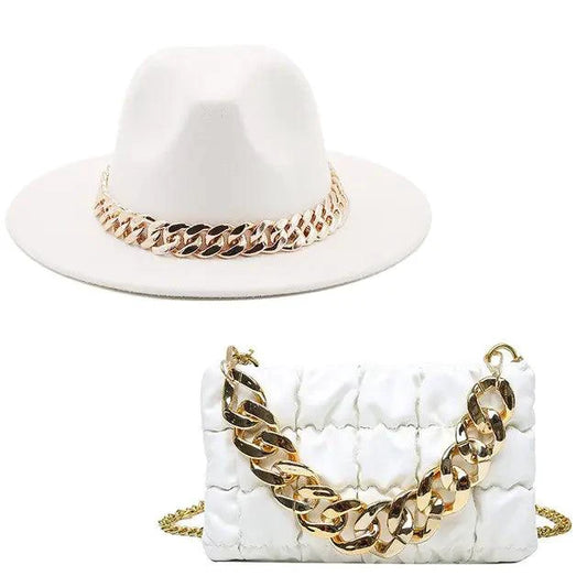 Mandotos luxury gold chain fedora hat featuring a stylish gold chain detail and classic fedora design.