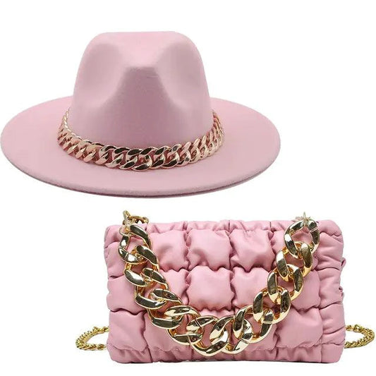 Luxury gold chain fedora hat by MANDOTOS featuring a stylish brim and decorative chain detail.