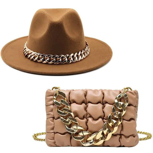 Mandotos gold chain fedora hat with luxurious design, featuring a stylish gold chain detail on the brim.