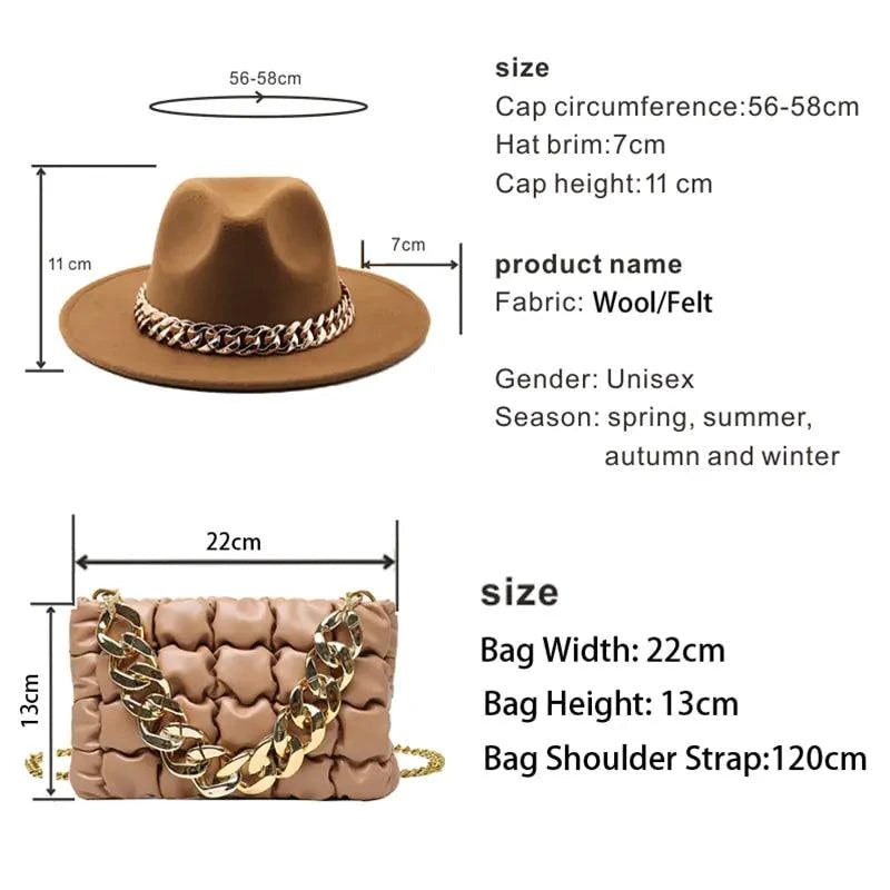 Mandotos luxury gold chain fedora hat featuring a stylish gold chain detail on a classic fedora design.