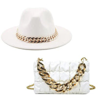 Mandotos gold chain fedora hat with luxury design, featuring a stylish gold chain band and classic fedora shape.