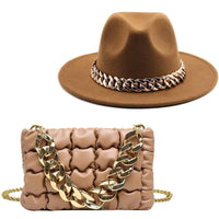 Mandotos luxury gold chain fedora hat with stylish design and adjustable brim, perfect for fashionable accessories.