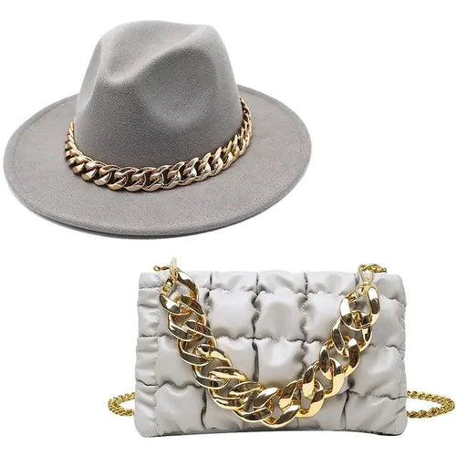 Mandotos luxury gold chain fedora hat with stylish design and textured fabric, featuring a decorative gold chain detail.