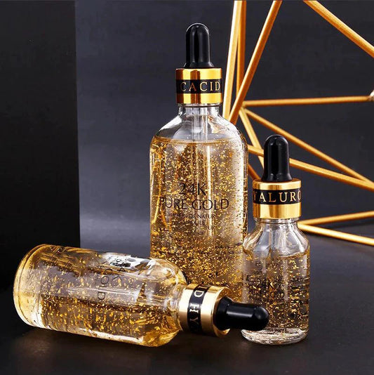 Mandotos Gold Essence Hyaluronic Serum in a sleek dropper bottle, showcasing the luxurious packaging and clear serum inside.
