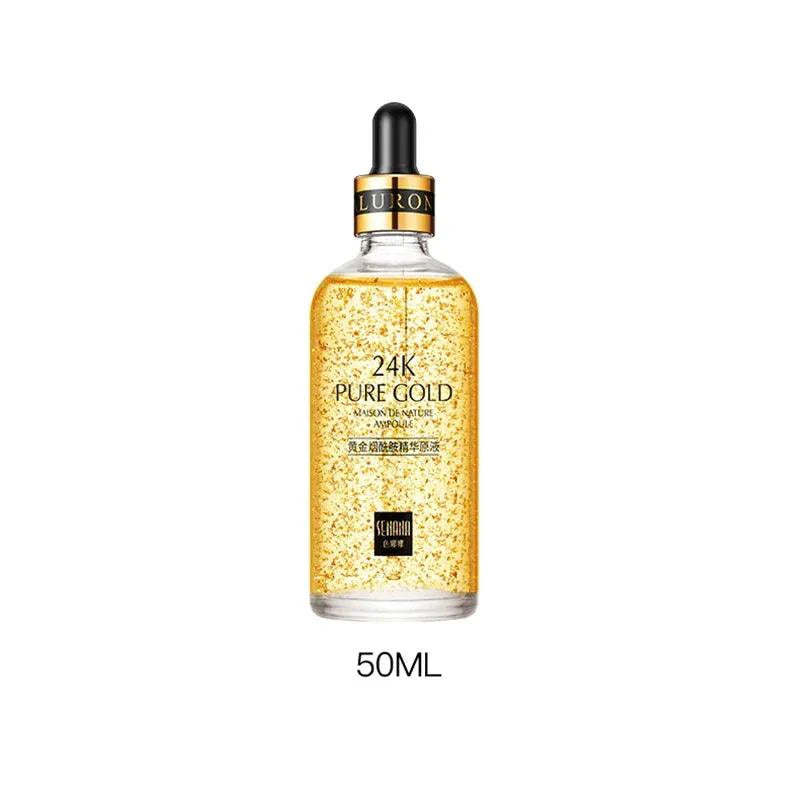 Mandotos Gold Essence Hyaluronic Serum in a sleek glass bottle, showcasing the luxurious packaging and serum inside.