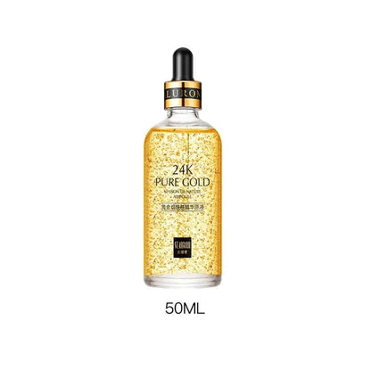 Mandotos Gold Essence Hyaluronic Serum in a sleek glass bottle, showcasing the luxurious packaging and serum inside.