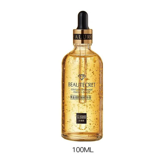 Mandotos Gold Essence Hyaluronic Serum in a sleek glass dropper bottle with gold accents, designed for hydrating and revitalizing skin.