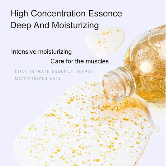 Mandotos Gold Essence Hyaluronic Serum in a sleek glass bottle, featuring a dropper for smooth application and moisturizing skincare.
