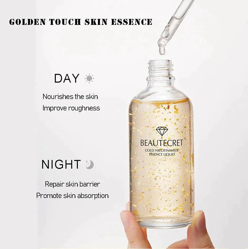 Mandotos Gold Essence Hyaluronic Serum bottle with dropper, showing luxurious gold packaging and clear serum inside.