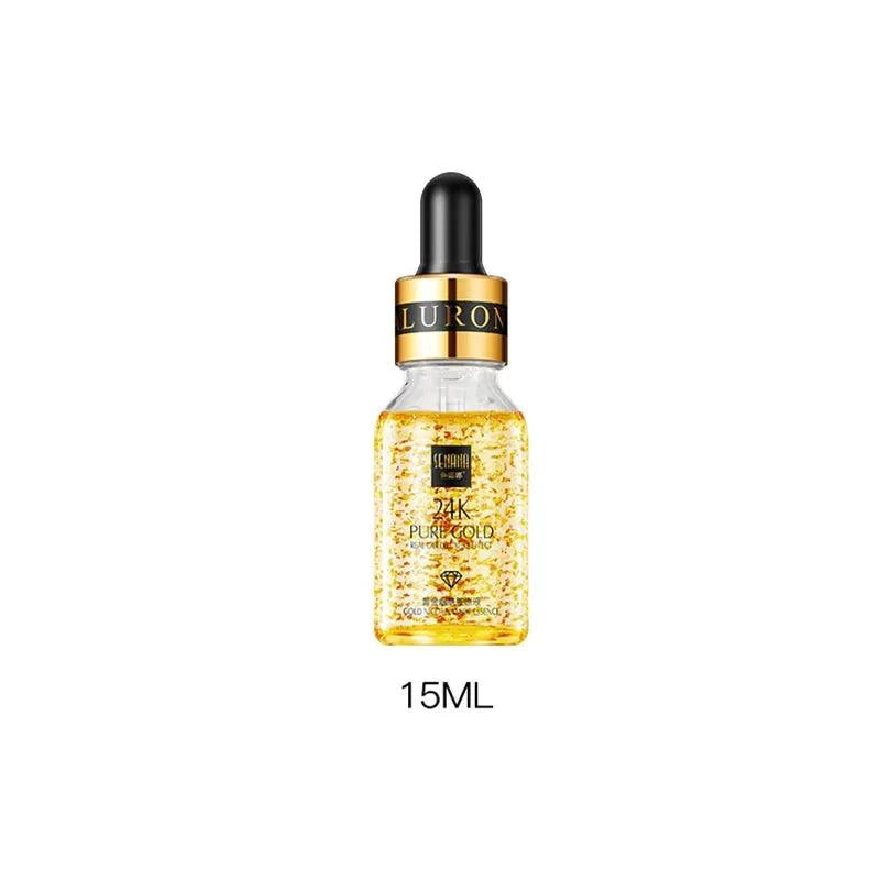 Mandotos Gold Essence Hyaluronic Serum in a glass bottle, showcasing the luxurious packaging and clear serum inside.