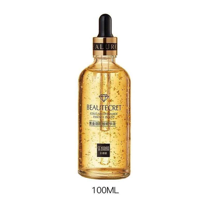 Mandotos Gold Essence Hyaluronic Serum bottle with gold accents, showcasing a luxurious skincare product for hydration and glowing skin.