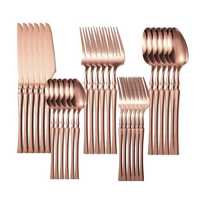 Mandotos Gold Glamour 30-piece dinner set with elegant gold-accented plates, bowls, and cups for stylish dining.