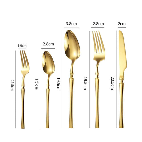 Gold Glamour 30-piece dinner set by MANDOTOS featuring elegant plates, bowls, and mugs for stylish dining.
