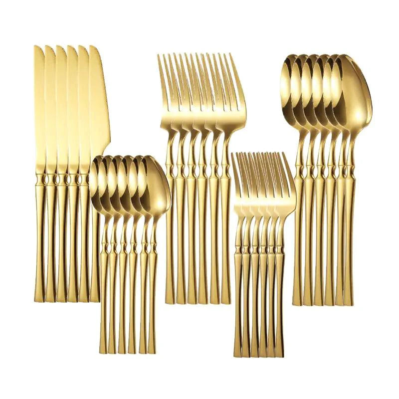 Mandotos Gold Glamour 30-piece dinner set with elegant gold accents, including plates, bowls, and serving dishes on a white background.