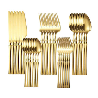 Mandotos Gold Glamour 30-piece dinner set with elegant gold accents, including plates, bowls, and serving dishes on a white background.