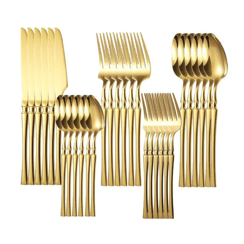 Mandotos Gold Glamour 30-piece dinner set with elegant gold accents, including plates, bowls, and serving dishes on a white background.