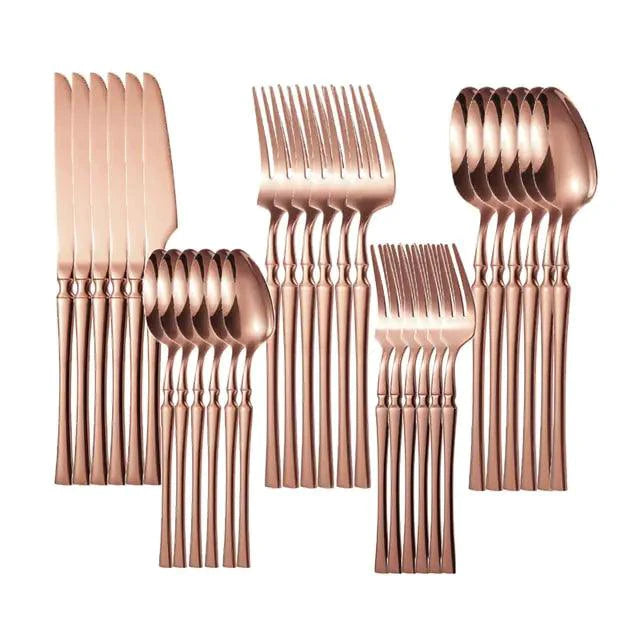Mandotos Gold Glamour 30-piece dinner set with elegant gold-rimmed plates, bowls, and cups for stylish dining.