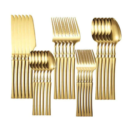Mandotos Gold Glamour 30-piece dinner set with elegant gold accents, including plates, bowls, and serving pieces.