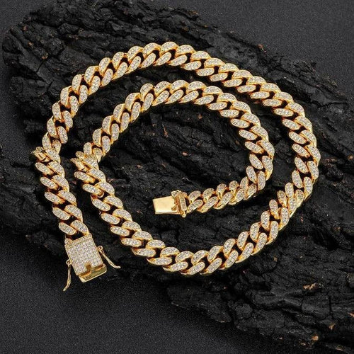 Mandotos Gold Shine Iced Cuban Chain showcasing a luxurious, iced-out design with bright gold finish and detailed link craftsmanship.