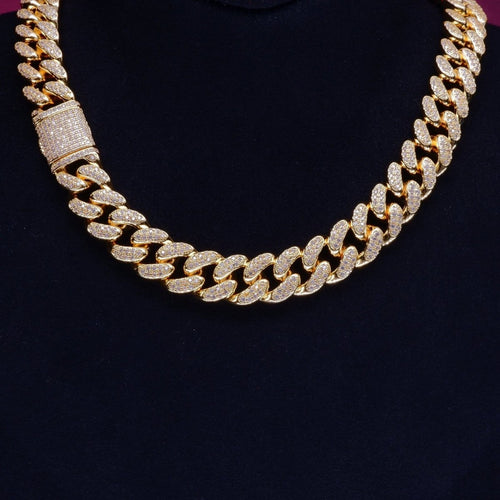 Gold Shine Iced Cuban Chain by MANDOTOS featuring a luxurious iced design and bold Cuban link style.