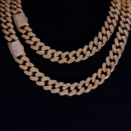Mandotos Gold Shine Iced Cuban Chain featuring a luxe style upgrade with sparkling iced details and a bold Cuban link design.