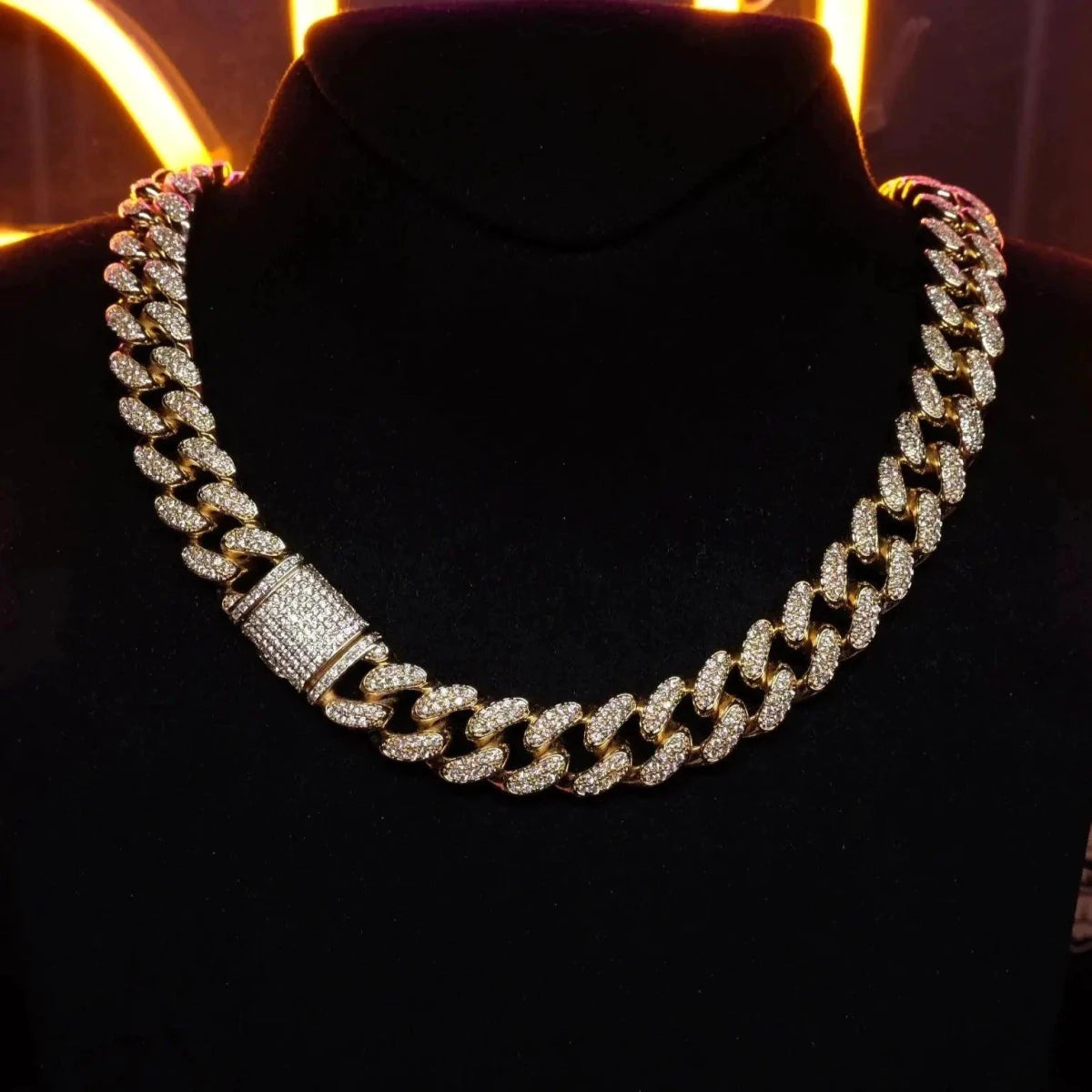 Gold Shine Iced Cuban Chain by MANDOTOS featuring a thick, sparkling iced design for a luxurious style upgrade
