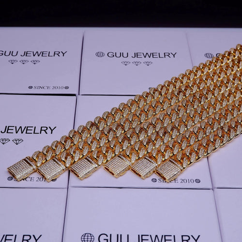 Gold Shine Iced Cuban Chain by MANDOTOS featuring a luxe style upgrade with sparkling iced detailing.
