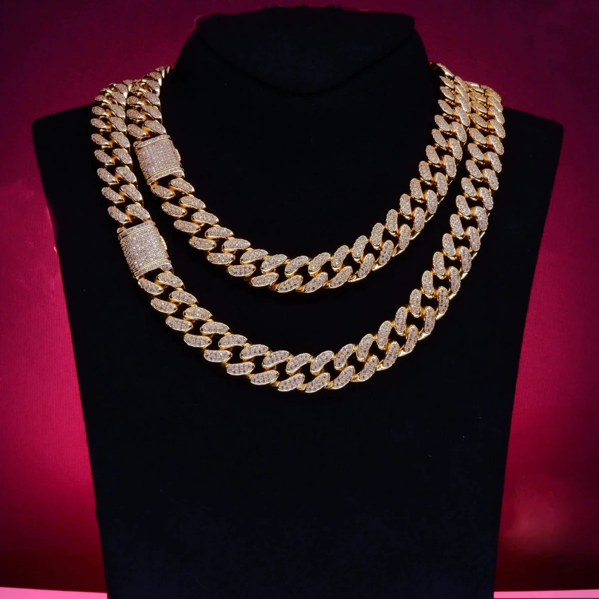 Mandotos Gold Shine Iced Cuban Chain with sleek, luxe style and sparkling ice detailing, perfect for a bold jewelry statement.