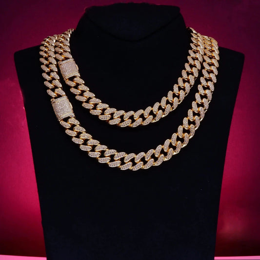 Mandotos Gold Shine Iced Cuban Chain with sleek, luxe style and sparkling ice detailing, perfect for a bold jewelry statement.