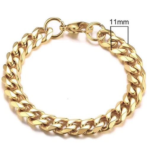 Gold-tone stainless steel Cuban bracelet from MANDOTOS, featuring 3-11mm wide links, displayed on a neutral background.
