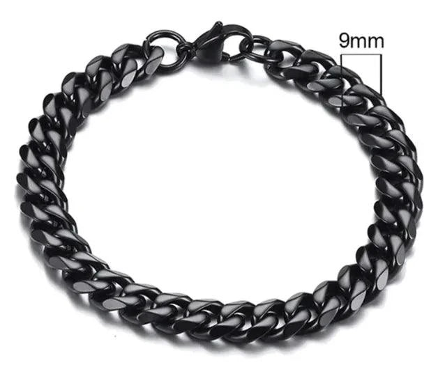 Gold-tone stainless steel Cuban bracelet by MANDOTOS, featuring 3-11mm wide links, displayed on a neutral background.