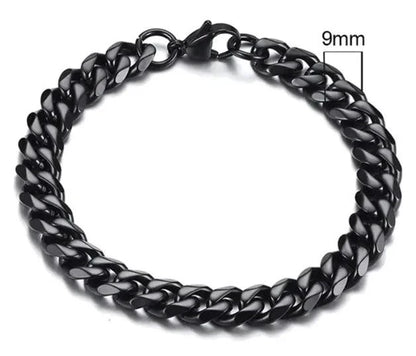 Gold-tone stainless steel Cuban bracelet by MANDOTOS, featuring 3-11mm wide links, displayed on a neutral background.