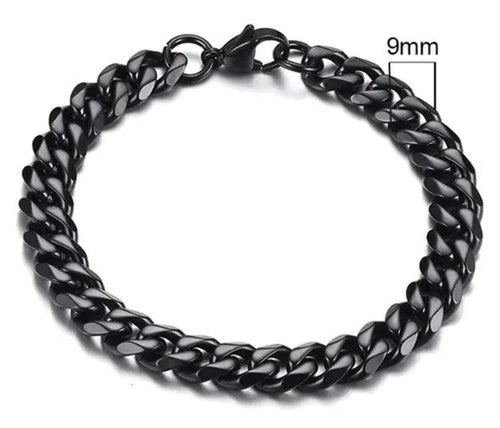 Gold-tone stainless steel Cuban bracelet by MANDOTOS, featuring 3-11mm wide links, displayed on a neutral background.