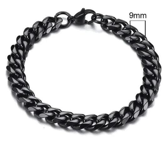 Gold-tone stainless steel Cuban bracelet by MANDOTOS, featuring 3-11mm wide links, displayed on a neutral background.