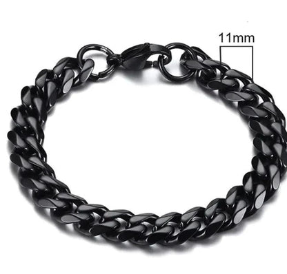 Gold-tone stainless steel Cuban bracelet by MANDOTOS, featuring 3-11mm wide interlocking chain links.