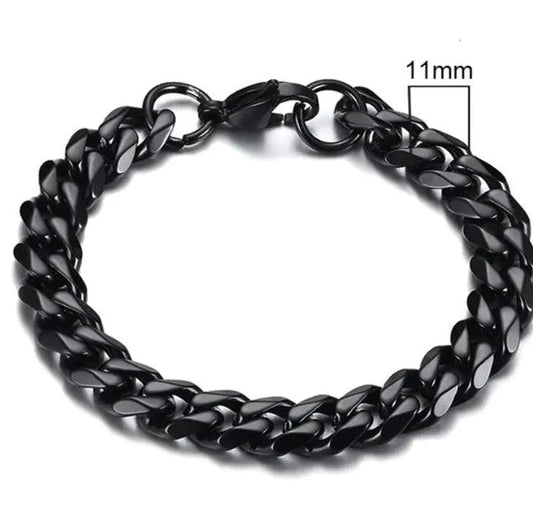 Gold-tone stainless steel Cuban bracelet by MANDOTOS, featuring 3-11mm wide interlocking chain links.