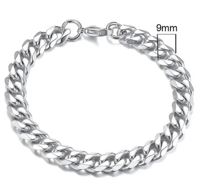 Gold-tone stainless steel Cuban bracelet by MANDOTOS featuring 3-11mm wide links, stylish and durable men's jewelry accessory.